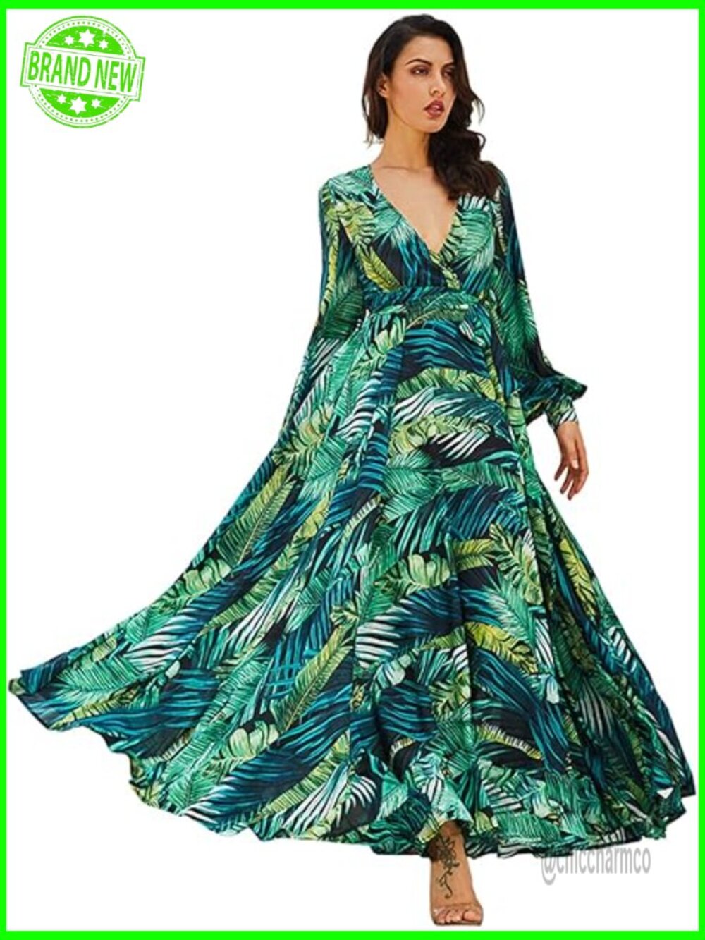 Chiffon Maxi Dress With V Neck, Long Sleeves, And Tie Waist